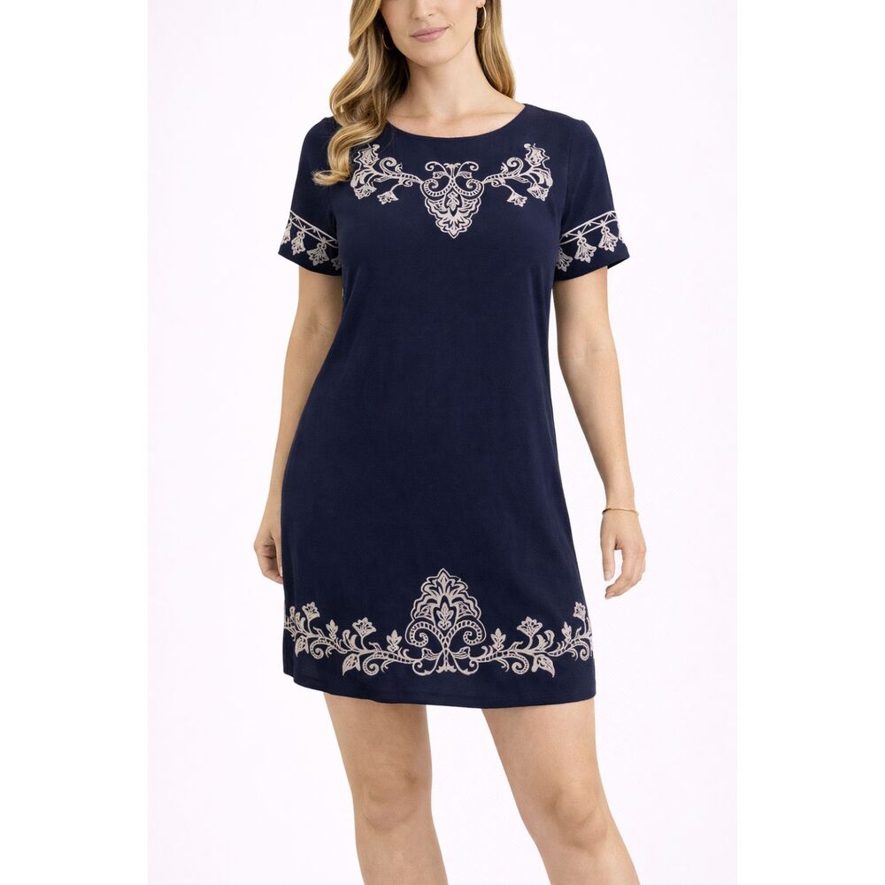 Lulu’s Embroidered Shift Dress Short Sleeve Blue White L